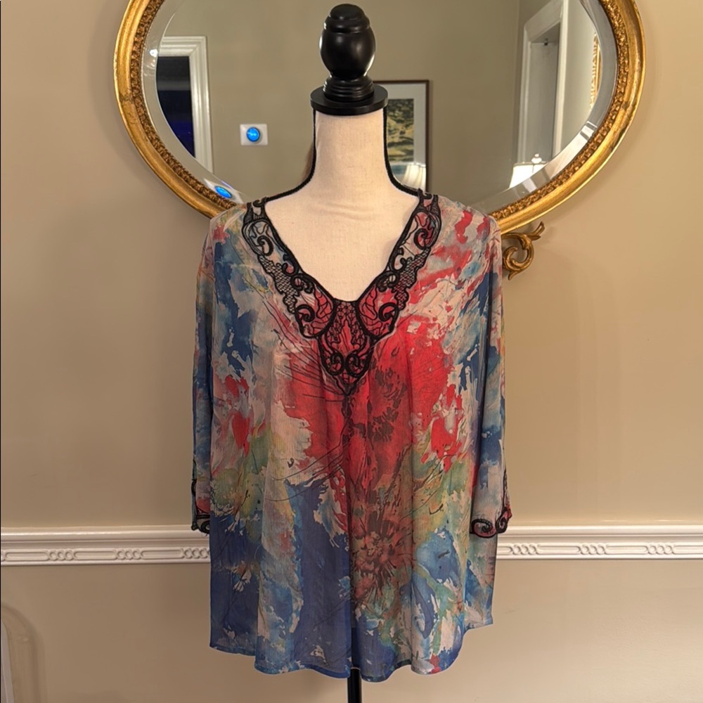 Sienna Rose Elegant Multicolor Sheer Lace Trim Women's Top. Size S.